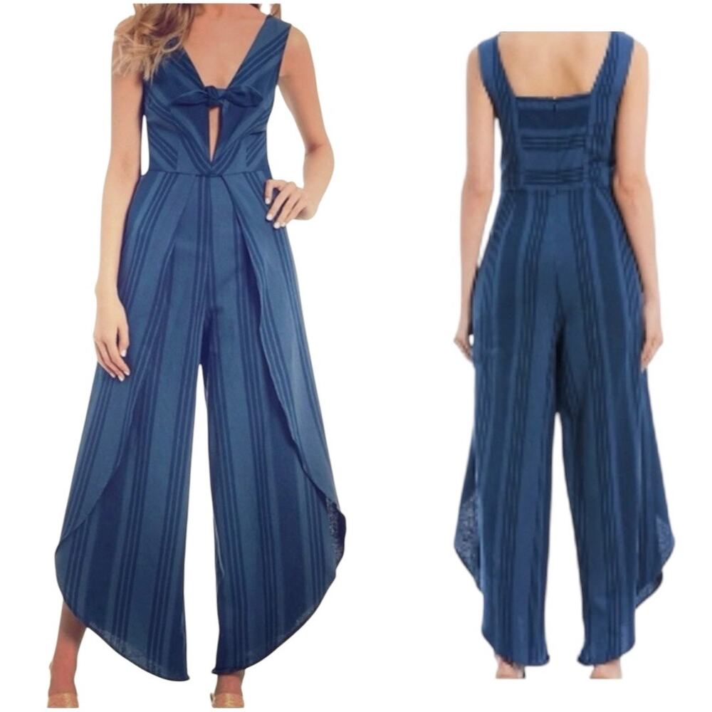 Blue Striped Sleeveless Jumpsuit with Front Bow